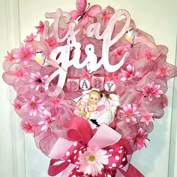 It's a Girl Wreath Deco Mesh Hand Painted Baby Stork Floral - Picture 4 of 13